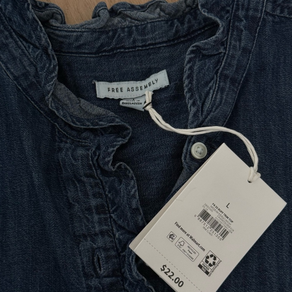 Free Assembly Denim Ruffle Button-Up Blouse - Picture 3 of 5